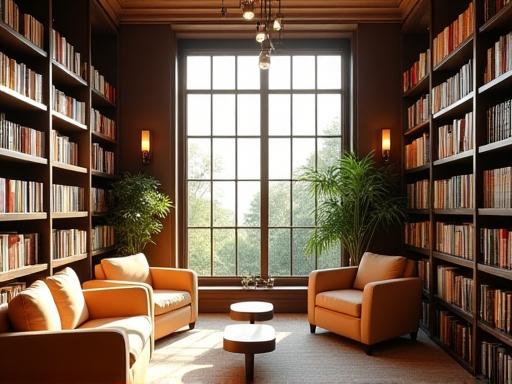 Cozy library with comfortable seating and large windows.