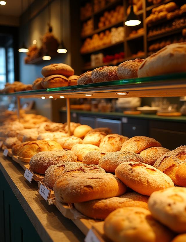 El mostrador de Rueda del Sabor lleno de panes variados, bollería y dulces artesanales.
